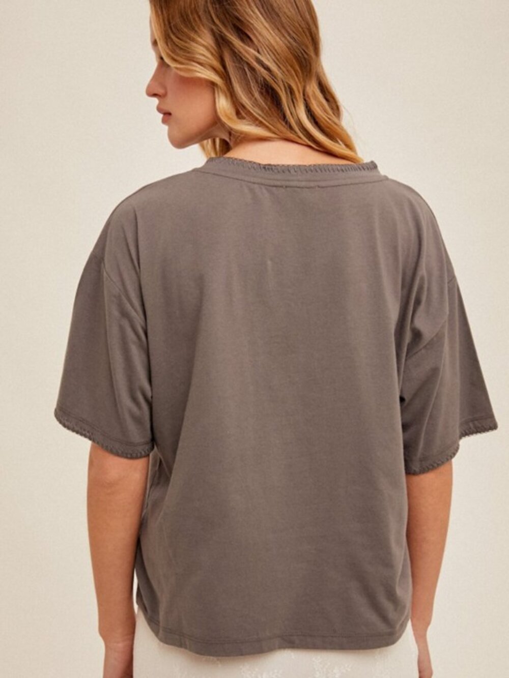 NWT Hem & Thread Stitch Detailed Crochet Pocket T-Shirt in Charcoal (S/M/L) - Picture 3 of 4